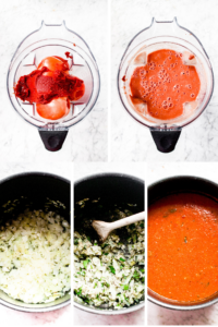 A grid with 5 photos showing the process of making easy homemade tomato sauce