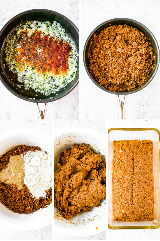 A grid with 5 photos showing the process of making vegan mealtoaf