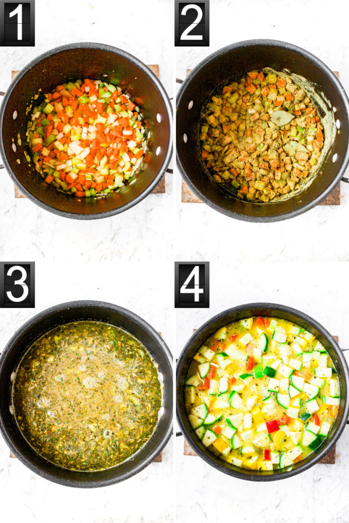 A grid with four photos showing the process of making vegetable barley soup without tomatoes