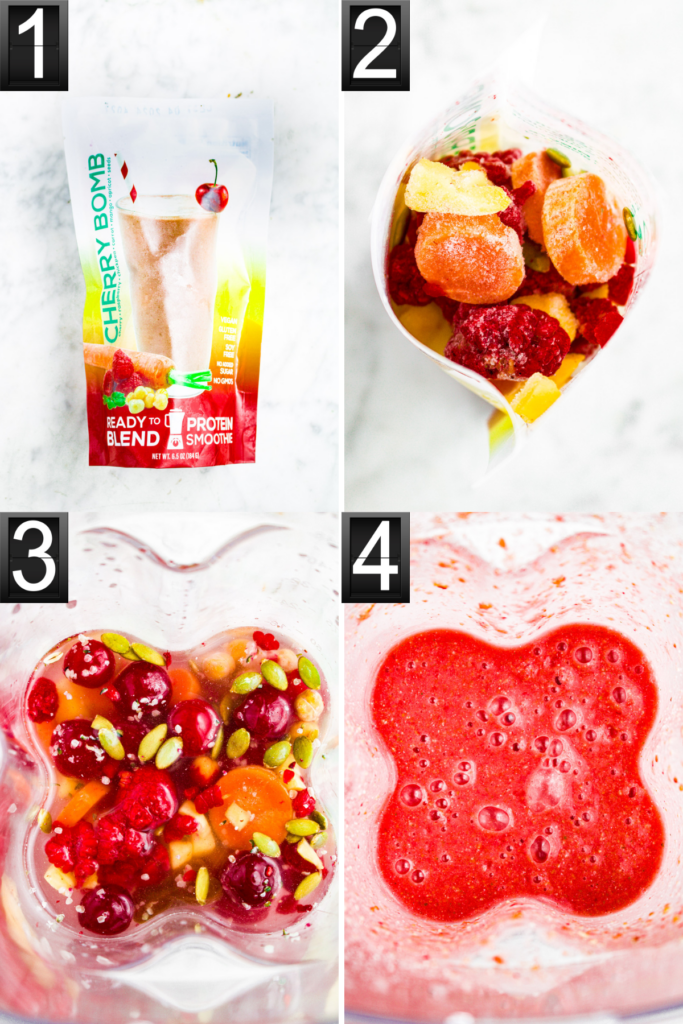 A grid with four photos showing the process of making a Frozen Garden fruit smoothie