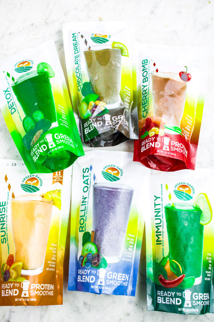 Overhead photo of six Frozen Garden smoothie packs
