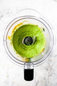 Overhead photo of vegan spinach ricotta in a food processor