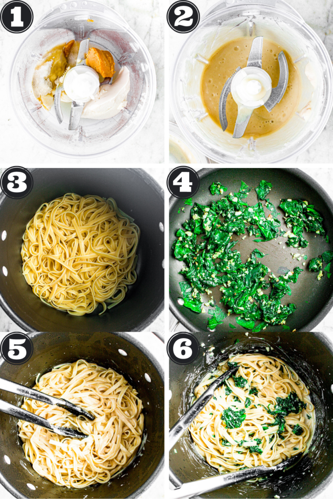 A grid with 6 photos showing the process of making easy creamy vegan pasta with spinach