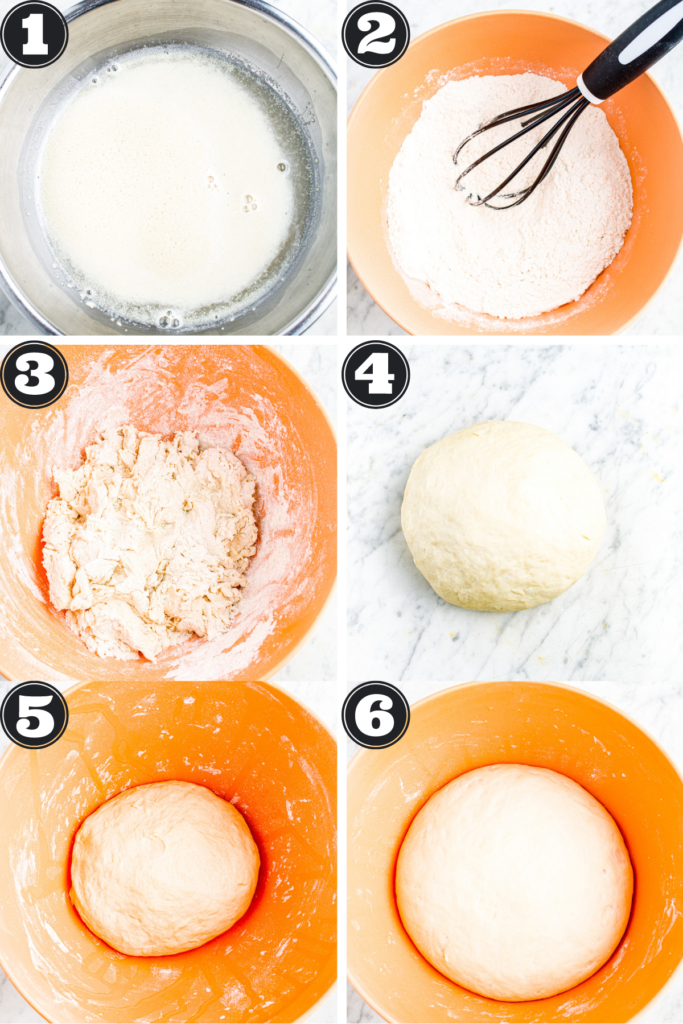 A grid with 6 photos showing the process of making and proving your hamburger bun dough