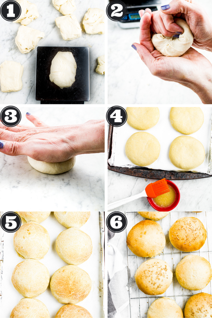 A grid with 6 photos showing the process of forming and baking your burger buns