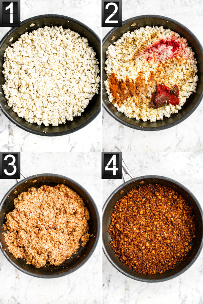A grid of four photos showing the process of making tofu ground beef