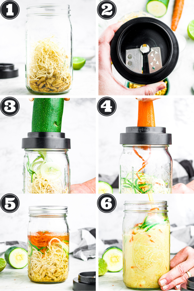 A grid with six photos showing the process of making zoodle ramen cups in a mason jar