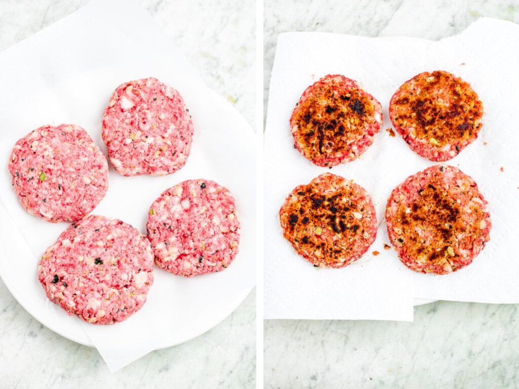 A grid with two side by side photos - 1 before the four vegan salmon burgers are cooked and one after