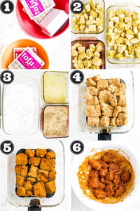 A grid of 6 photos showing the process of freezing, marinating, and air frying tofu wings