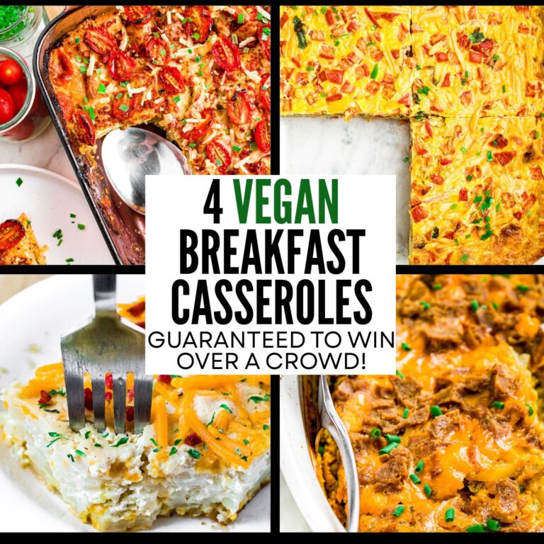 A grid with four photos of various breakfast casseroles with text in the center reading four vegan breakfast casseroles guaranteed to win over a crowd