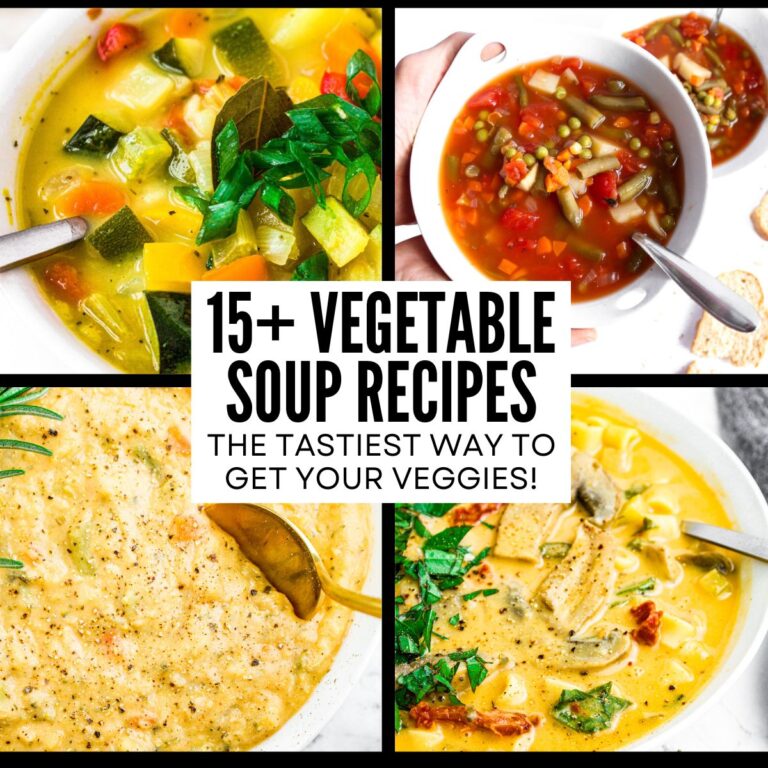 A grid with four photos of various vegetable soups in round white bowls with text in the center reading fifteen plus vegetable soup recipes the tastiest way to get your veggies