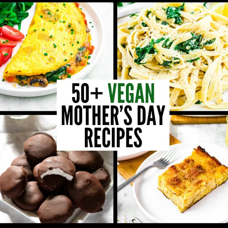 A grid with four photos of various vegan recipes - a creamy spinach pasta, omelette, peppermint candy, and pineapple stuffing - with text in the center reading fifty plus vegan mothers day recipes