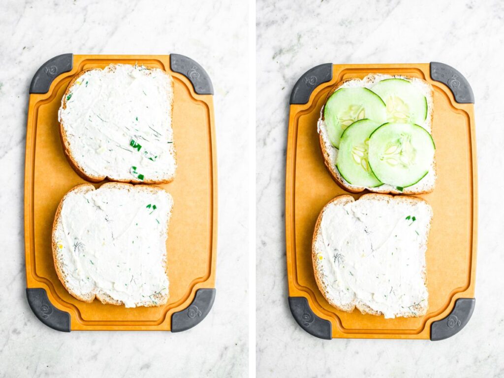 A grid with two overhead photos of two slices of bread on a wood cutting board, one spread with vegan cream cheese and the other topped with cucumbers