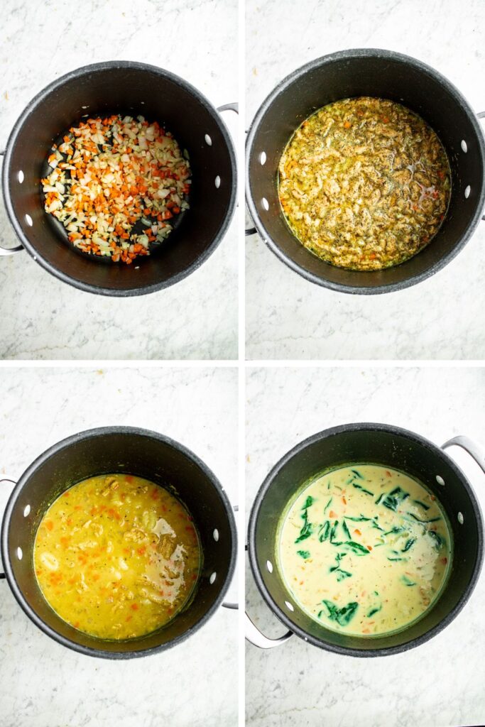 A grid with four photos showing the process of making vegan gnocchi soup - saute veggies, add all the ingredients, cook 10 minutes, add the coconut milk