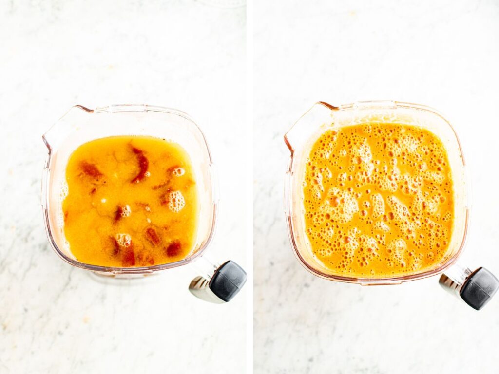 A grid with two overhead photos of an open blender before and after blending vegan red pepper soup