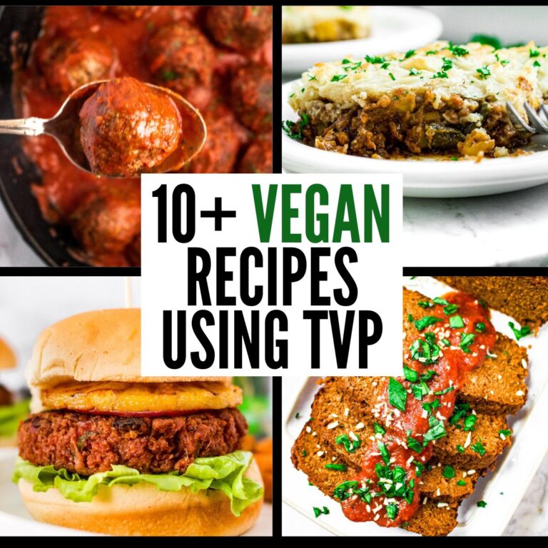 A grid with four photos of various textured vegetable protein recipes like burgers, meatloaf, meatballs, and pie with text in a white box reading ten vegan recipes using TVP