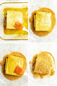 A grid with four photos walking you through the steps to bread your tofu cordon bleu