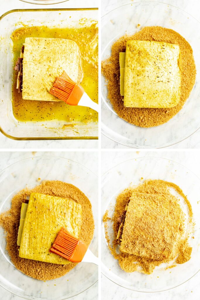 A grid with four photos walking you through the steps to bread your tofu cordon bleu