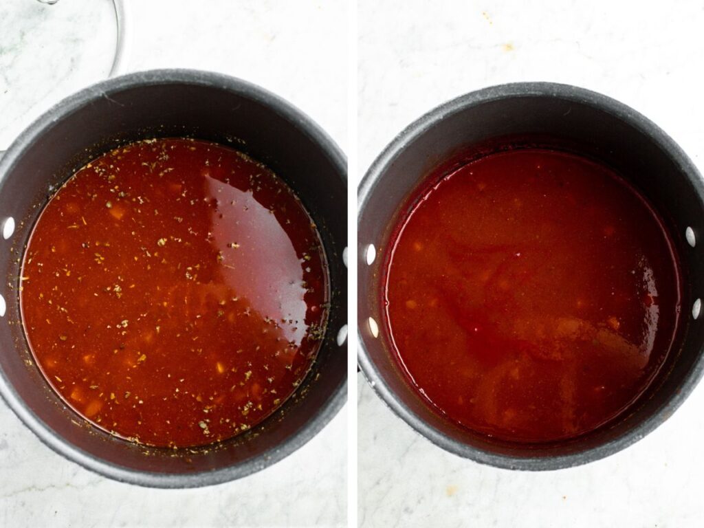 Two overhead photos of a vegetable soup in a large soup pot before and after simmering