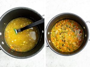 A grid with two photos with overhead views of wild rice soup in a large soup pot - the first one is before the wild rice cooks, and the last one is after it cooks