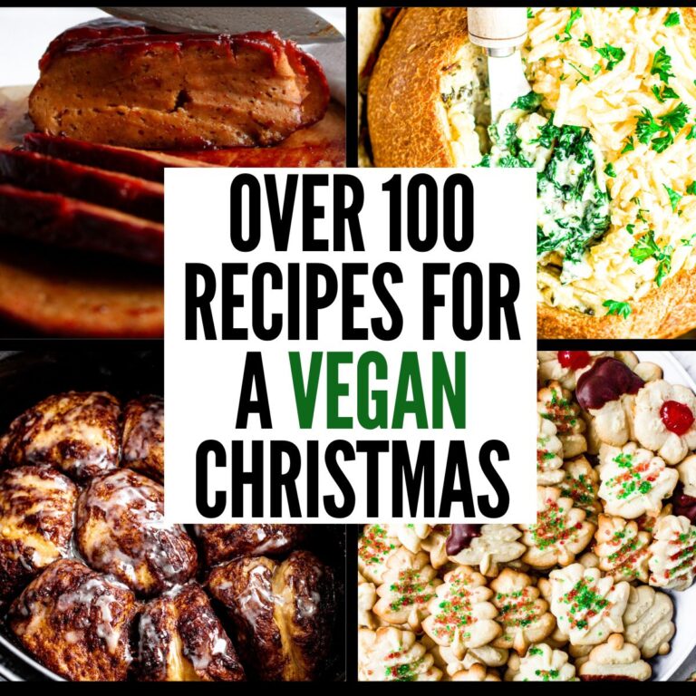 A grid with four photos of various vegan holiday recipes with text in a white box in the center of the grid reading over 100 recipes for a vegan Christmas