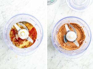A grid with two photos - one showing before blending the spices for bouillon, the other after you blend the spices