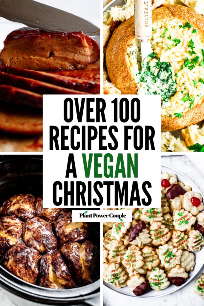 A grid with four photos of various vegan holiday recipes with text in a white box in the center of the grid reading over 100 recipes for a vegan Christmas