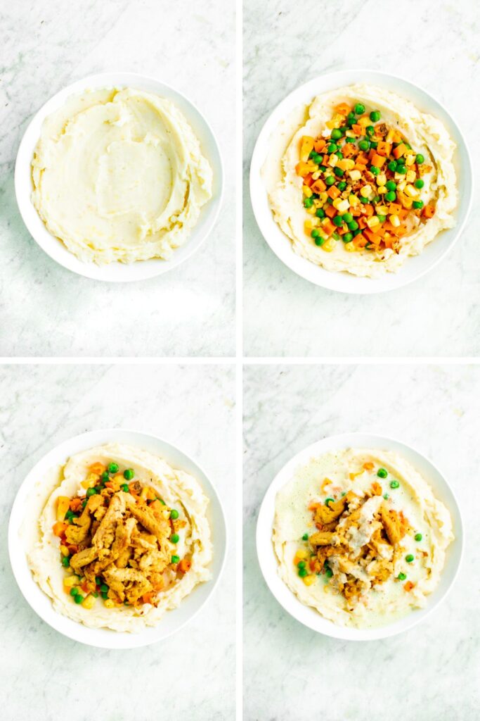 A grid with four photos showing how to assemble a vegan mashed potato bowl - potatoes first, then veggies, followed by vegan chicken, drizzled with gravy