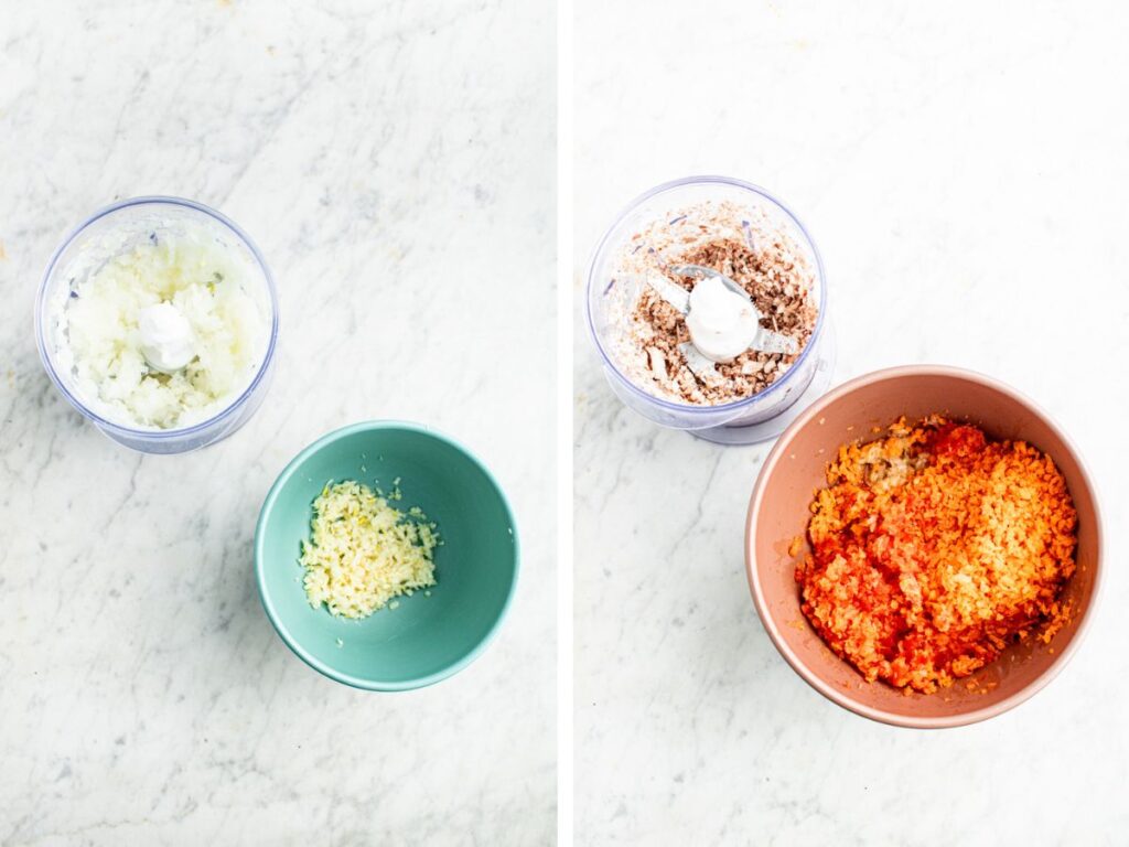 A grid with two photos of various minced vegetables in mixing bowls and a small food processor