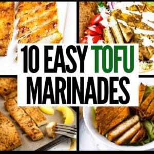 A grid with four photos of various tofu recipes with text in a white box in the center reading ten easy tofu marinades