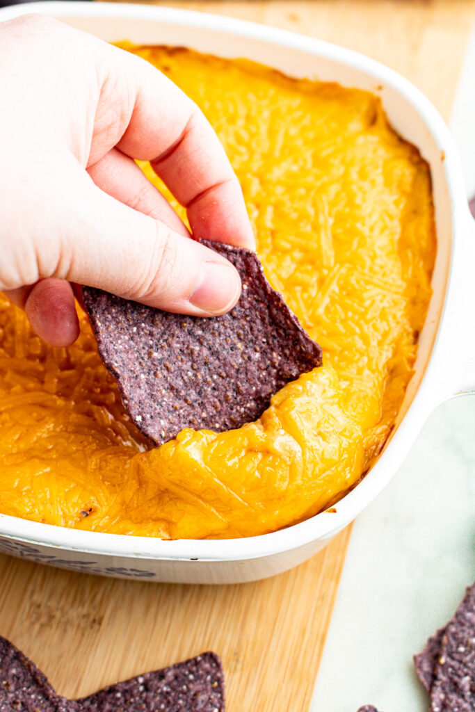 Overhead close up view of a blue tortilla chip being dipped into a square dish of creamy vegan buffalo chicken dip
