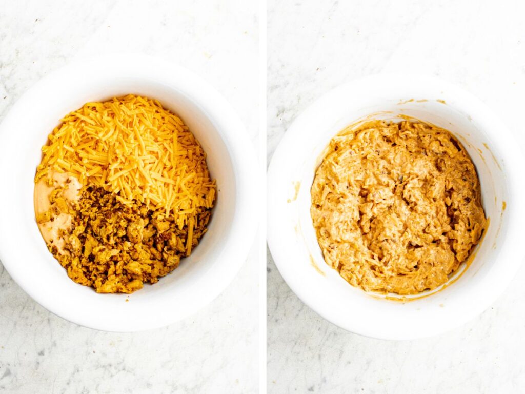 Two side by side photos showing the vegan buffalo dip before and after mixing the ingredients in a large white bowl