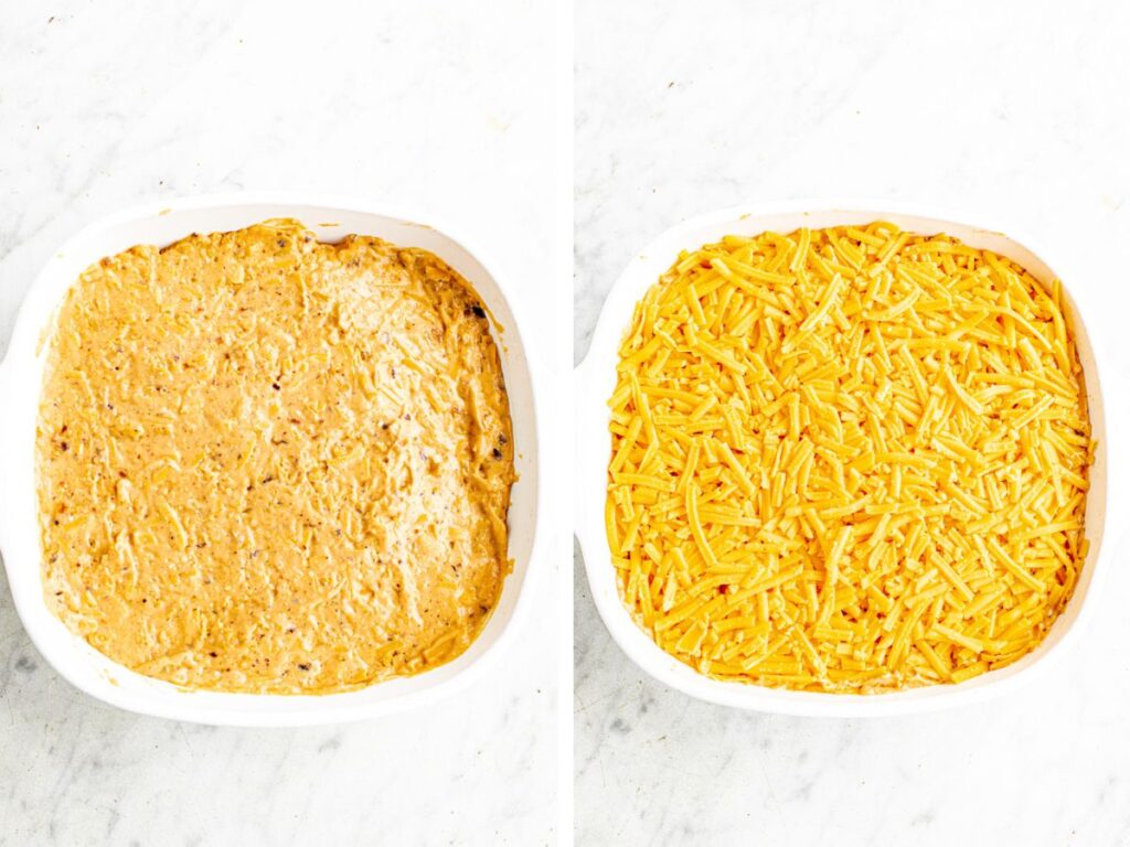 A grid with two photos showing the vegan buffalo dip in a square white dish before and after adding the dairy-free cheddar to the top