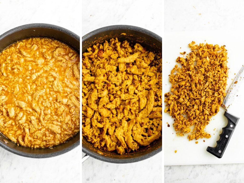 A grid with three side by side photos showing the process of making the buffalo soy curl chicken for buffalo dip