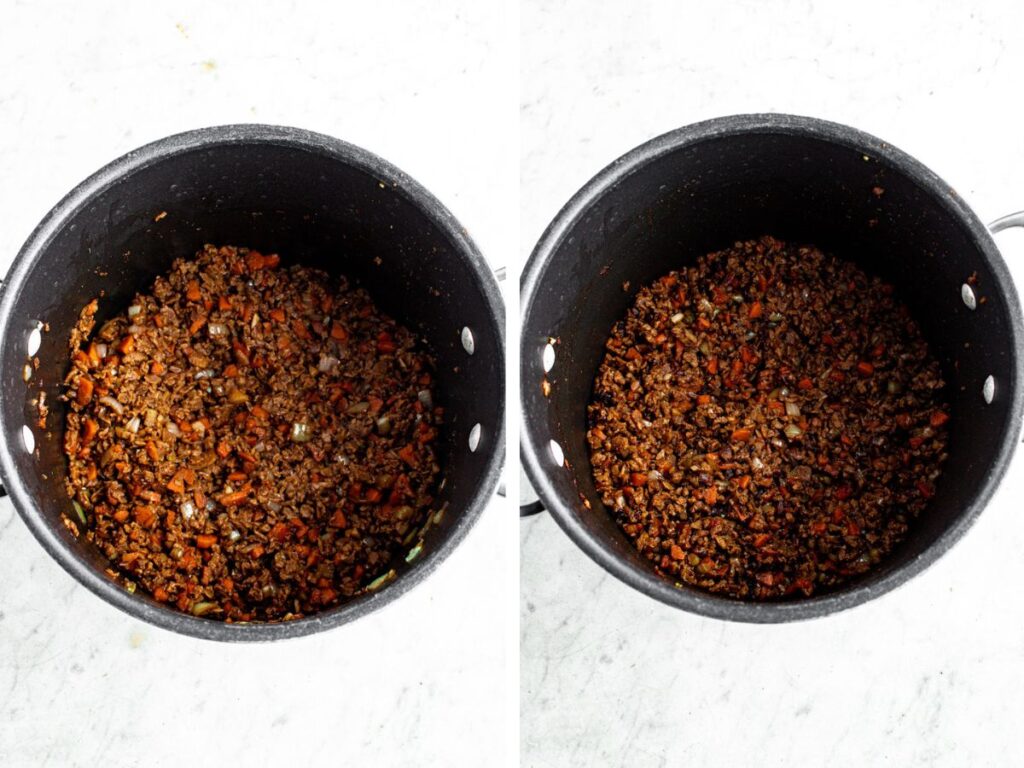 A grid with two side by side photos showing what the TVP beef looks like before and after it's browned