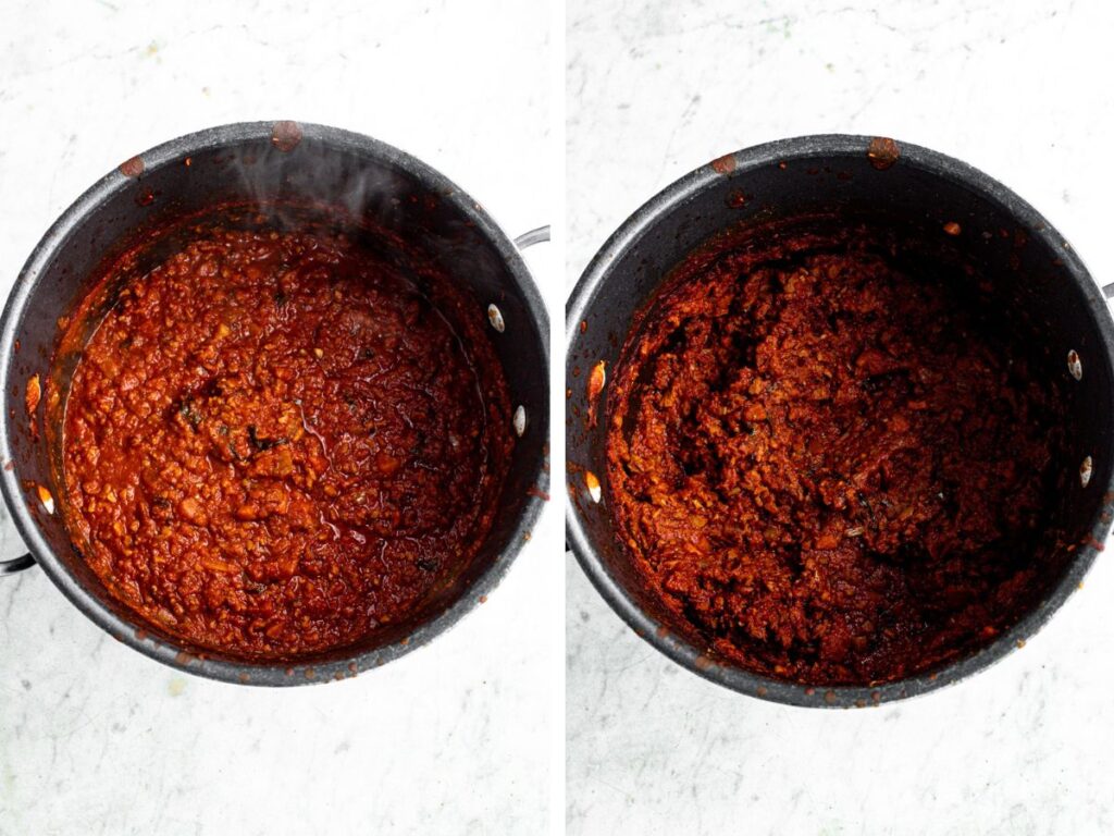 A grid with two side by side photos of a large black pot filled with vegan bolognese before and after it cooks down