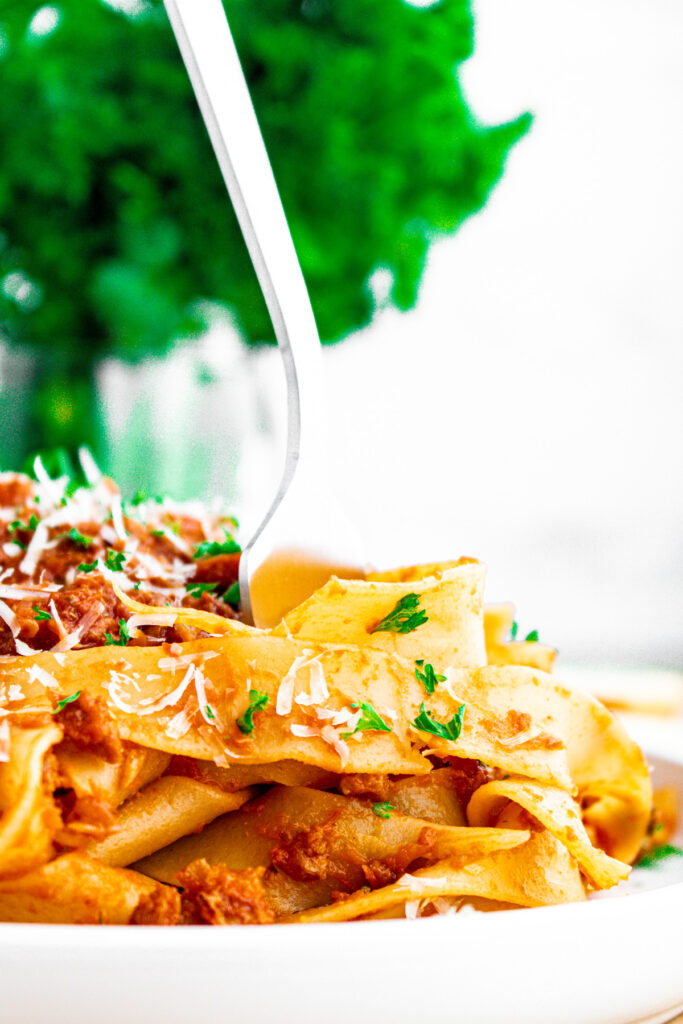 Close up head on view of a fork twirling wide noodles in vegan bolognese sauce