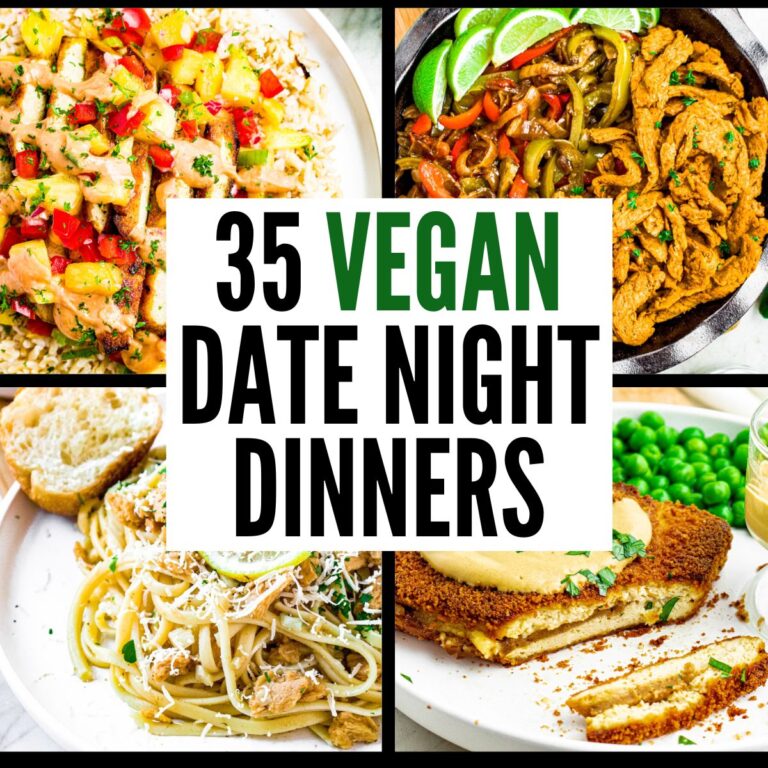 A grid with 4 photos of various vegan date night recipes with text in a white box reading 35 vegan date night dinners