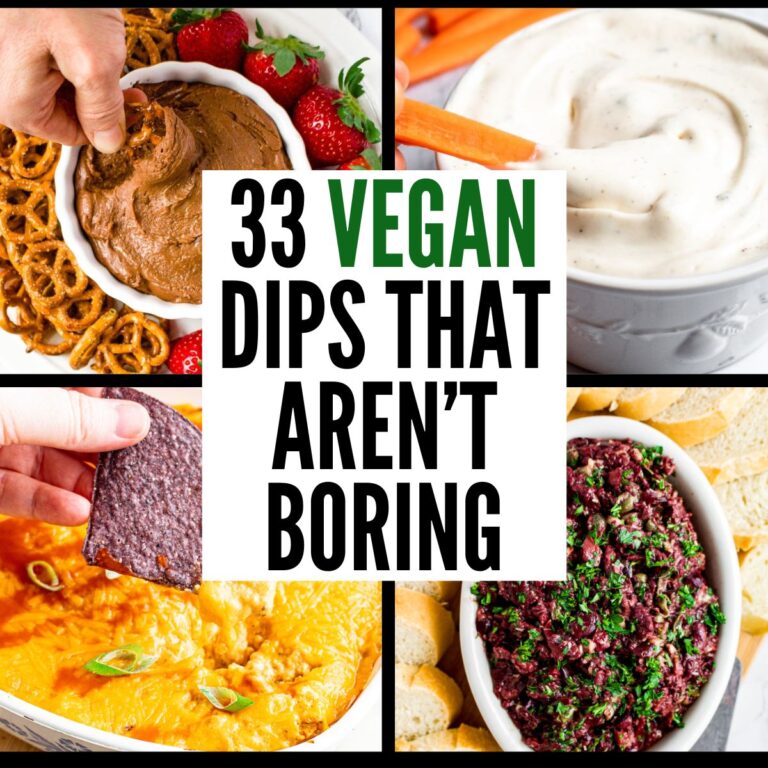 A grid with 4 photos of various vegan dip recipes with text in a white box reading 33 vegan dips that aren't boring