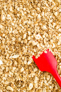 Close up overhead view of a red spatula pushing vegan granola