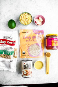 Overhead view of all the ingredients to make crockpot vegan salsa chicken and rice laid out on a grey marble countertop