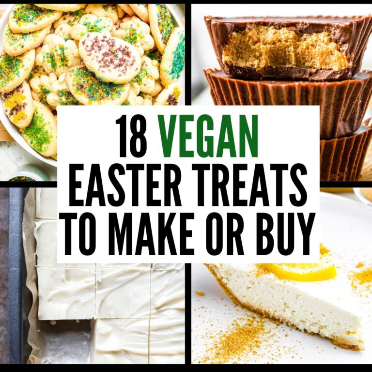 A grid with four photos of various dairy-free Easter desserts with text in a white box in the center of the grid reading 18 vegan easter treats to make or buy