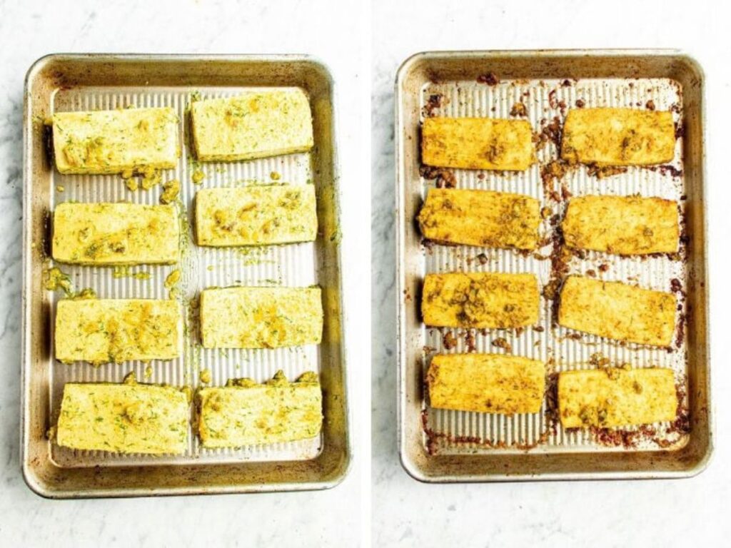 Two side by side photos of marinated pickle tofu cutlets on a baking sheet before and after they've been baked