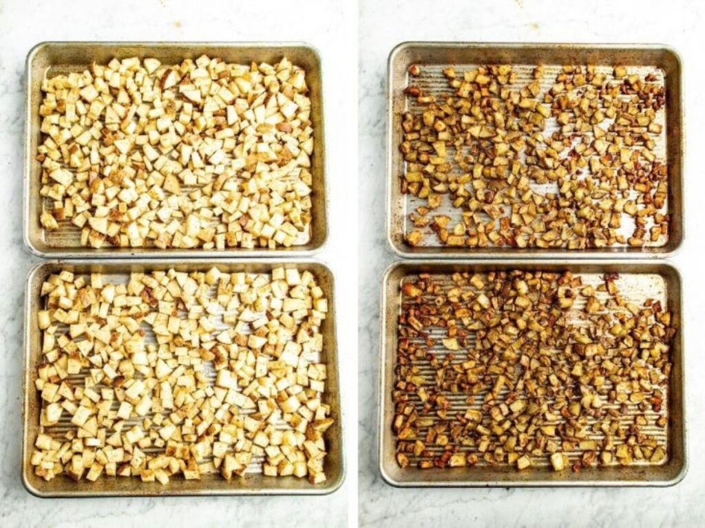 Two side by side photos showing diced potatoes on a baking sheet before and after they're baked