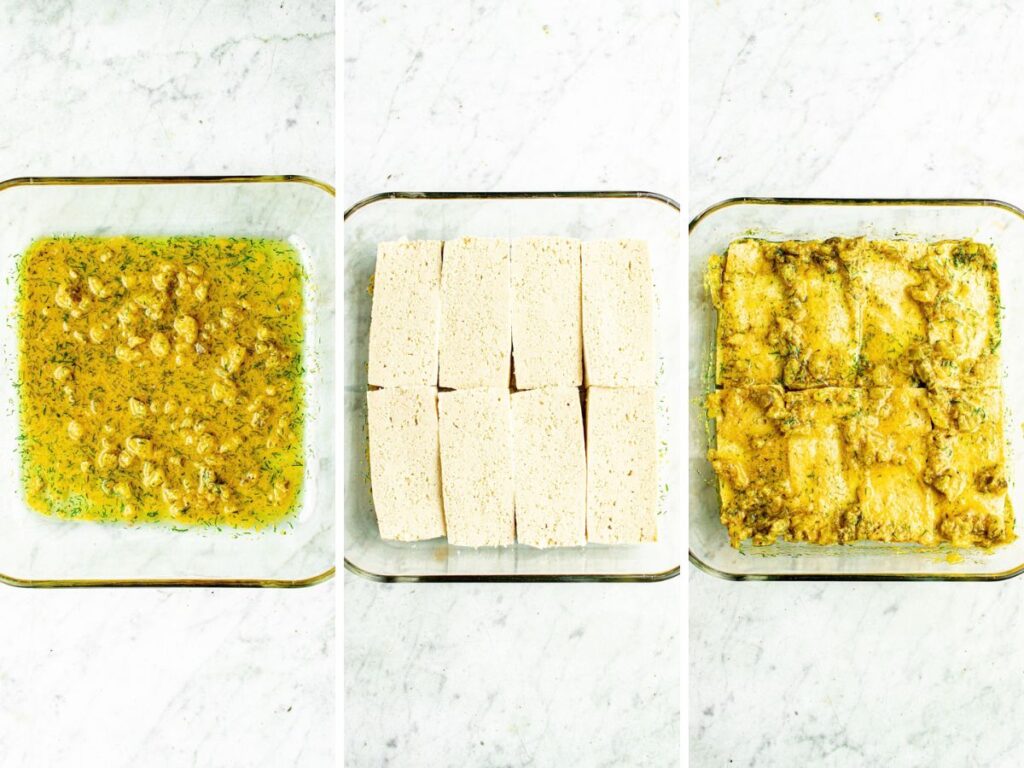 Three overhead photos showing the step by step process of marinating tofu to make dill pickle tofu cutlets